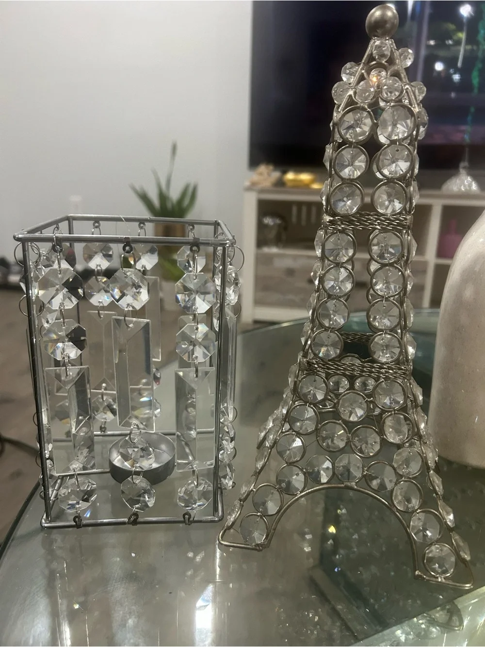Crystal Accent Eiffel Tower and Candle Holder Set - Silver